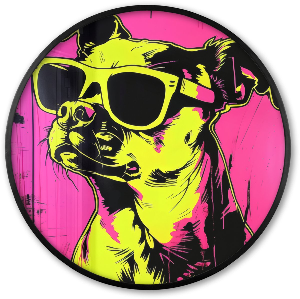 FrameYourWall Poster in lijst Rond - Fotolijst 80x80 cm - Posters - Hond - Zonnebril - Roze - Art - Ronde posterlijst zwart - Decoratie - Wanddecoratie woonkamer - Muurdecoratie slaapkamer