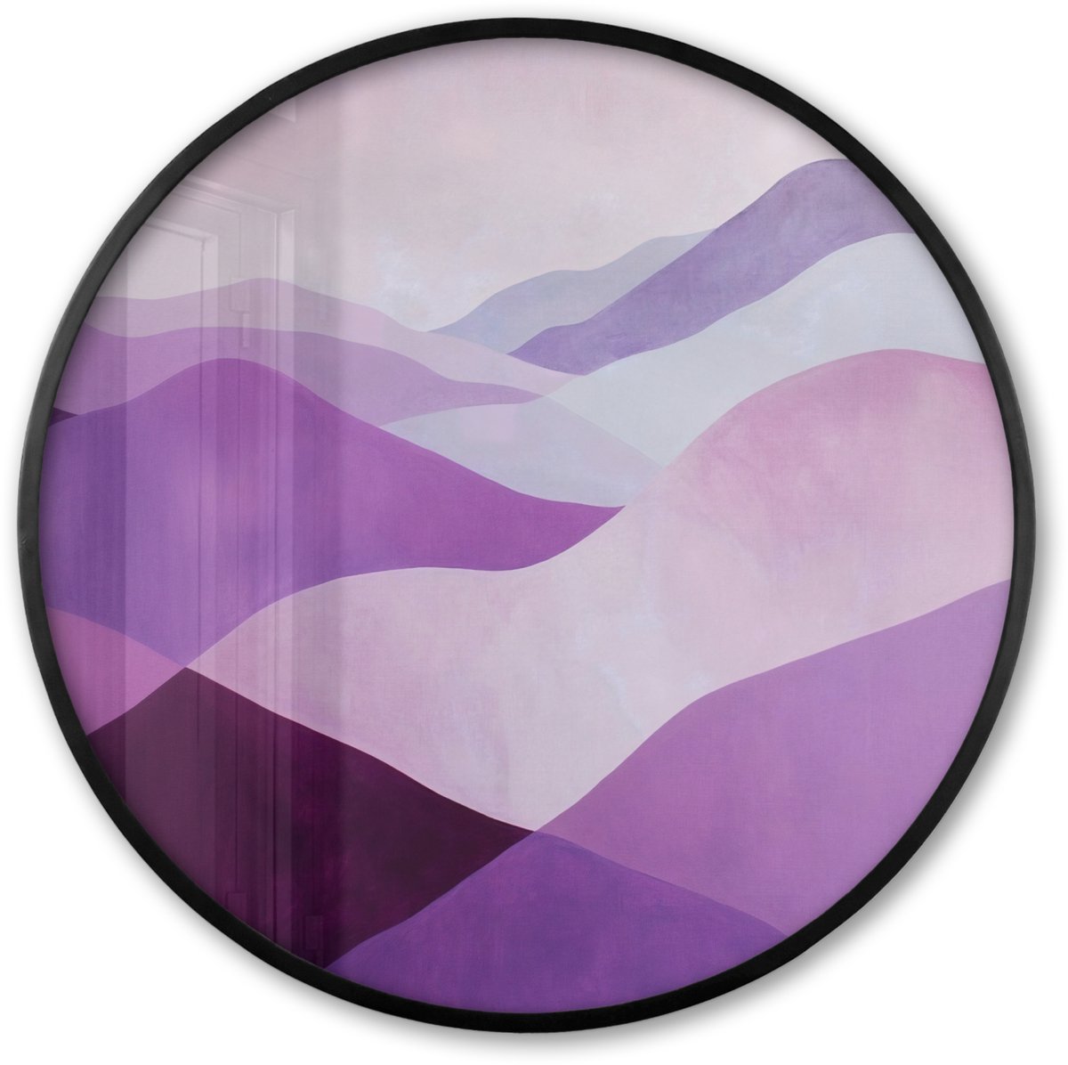 FrameYourWall Poster in lijst Rond - Fotolijst 80x80 cm - Posters - Abstract - Heuvels - Landschap - Paars - Ronde posterlijst zwart - Decoratie - Wanddecoratie woonkamer - Muurdecoratie slaapkamer Heuvels - Abstract