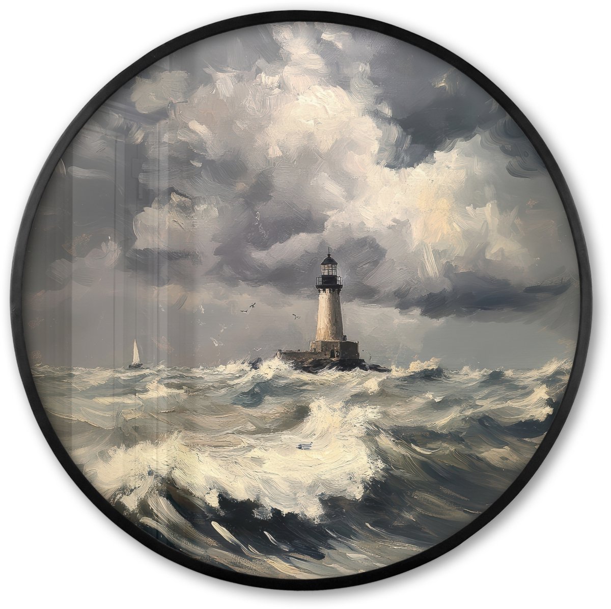 FrameYourWall Poster in lijst Rond - Fotolijst 80x80 cm - Posters - Vuurtoren - Golven - Storm - Ronde posterlijst zwart - Decoratie - Wanddecoratie woonkamer - Muurdecoratie slaapkamer