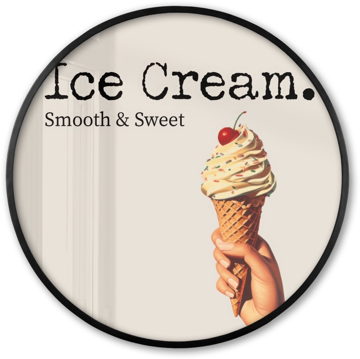 FrameYourWall Poster in lijst Rond - Fotolijst 80x80 cm - Posters - Ice cream - Softijs - Kleurrijk - Kers - Ronde posterlijst zwart - Decoratie - Wanddecoratie woonkamer - Muurdecoratie slaapkamer Softijs - Tekst