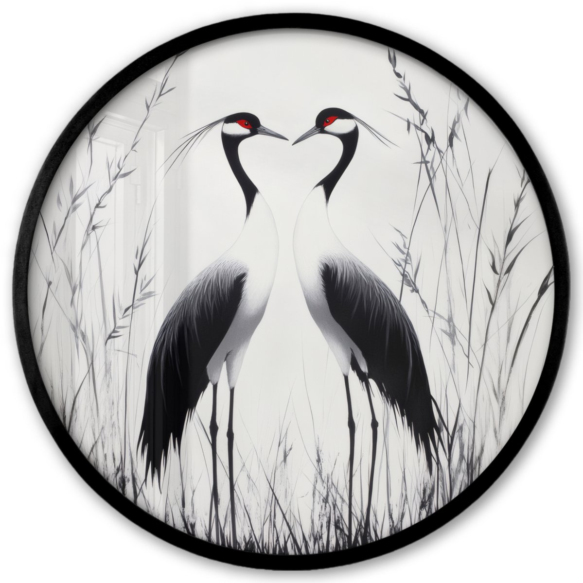 FrameYourWall Poster in lijst Rond - Fotolijst 40x40 cm - Posters - Kraanvogels - Gras - Hartvorm - Zwart - Ronde posterlijst zwart - Decoratie - Wanddecoratie woonkamer - Muurdecoratie slaapkamer