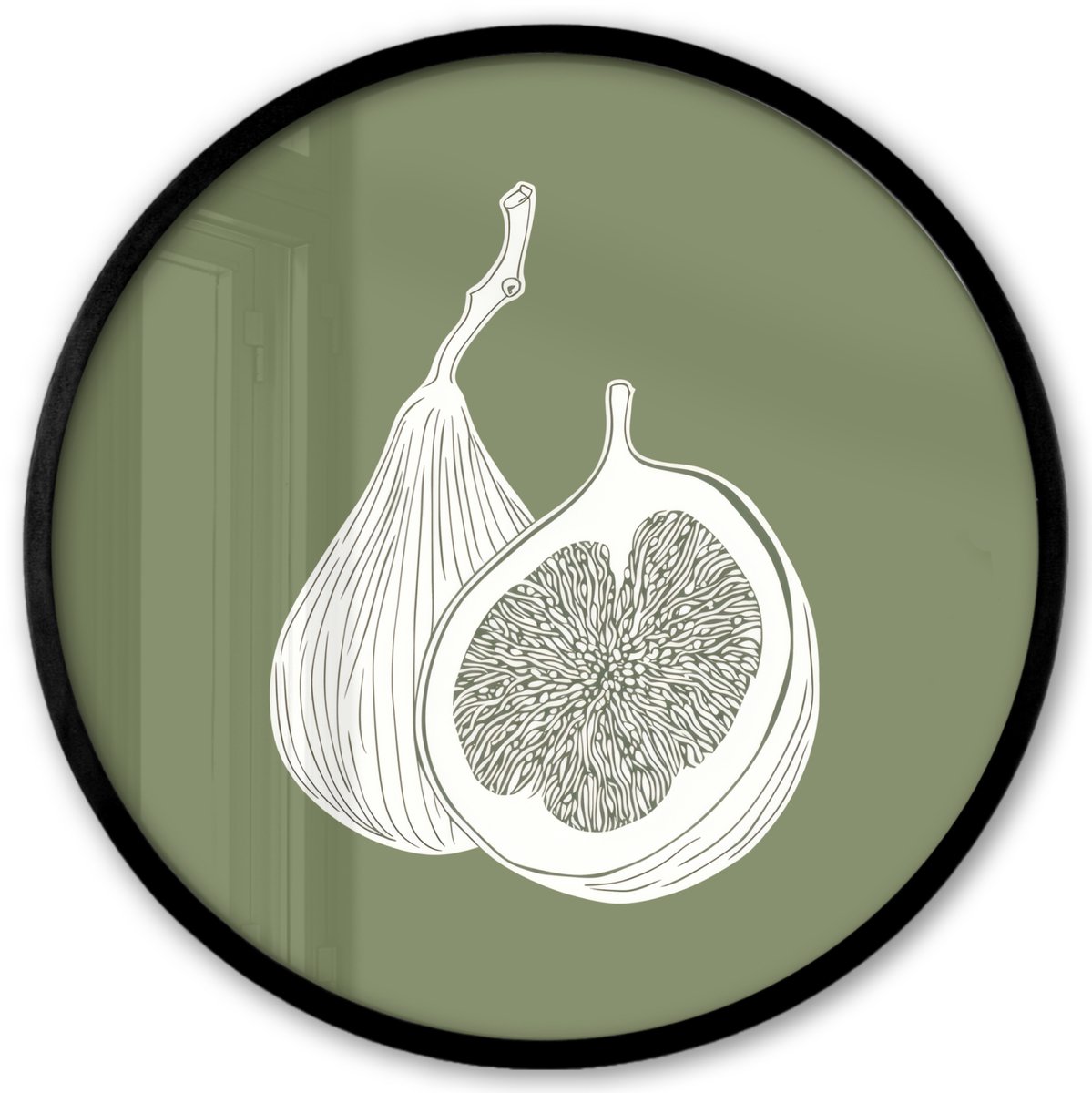FrameYourWall Poster in lijst Rond - Fotolijst 40x40 cm - Posters - Vijgen - Minimalistisch - Getekend - Mosgroen - Ronde posterlijst zwart - Decoratie - Wanddecoratie woonkamer - Muurdecoratie slaapkamer