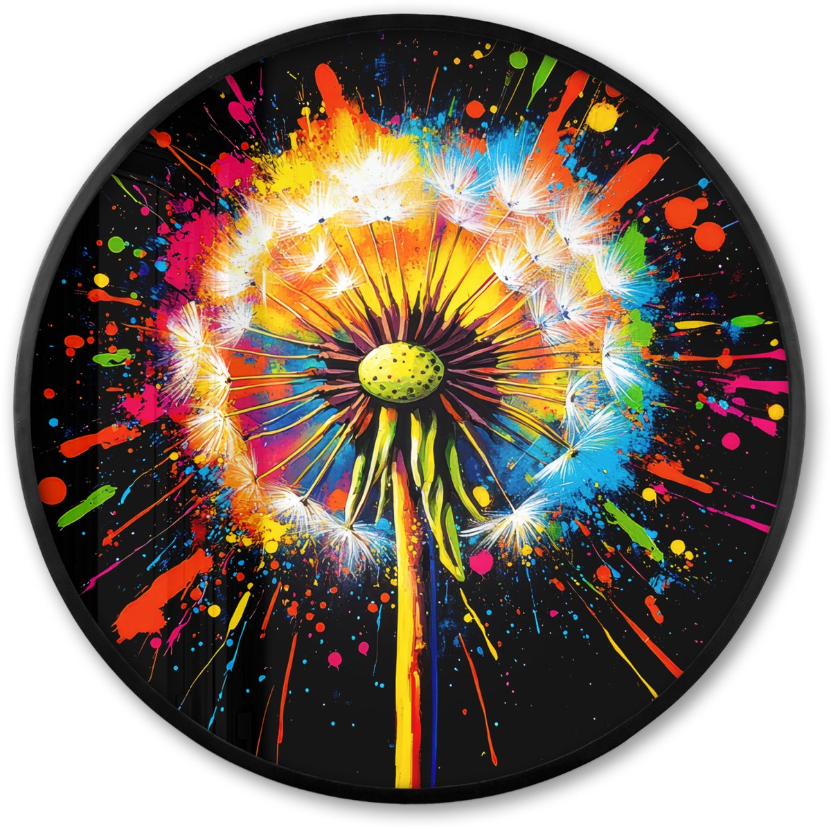 FrameYourWall Poster in lijst Rond - Fotolijst 60x60 cm - Posters - Paardenbloem - Graffiti - Kleurrijk - Bloemen - Natuur - Ronde posterlijst zwart - Decoratie - Wanddecoratie woonkamer - Muurdecoratie slaapkamer Graffiti - Paardenbloem