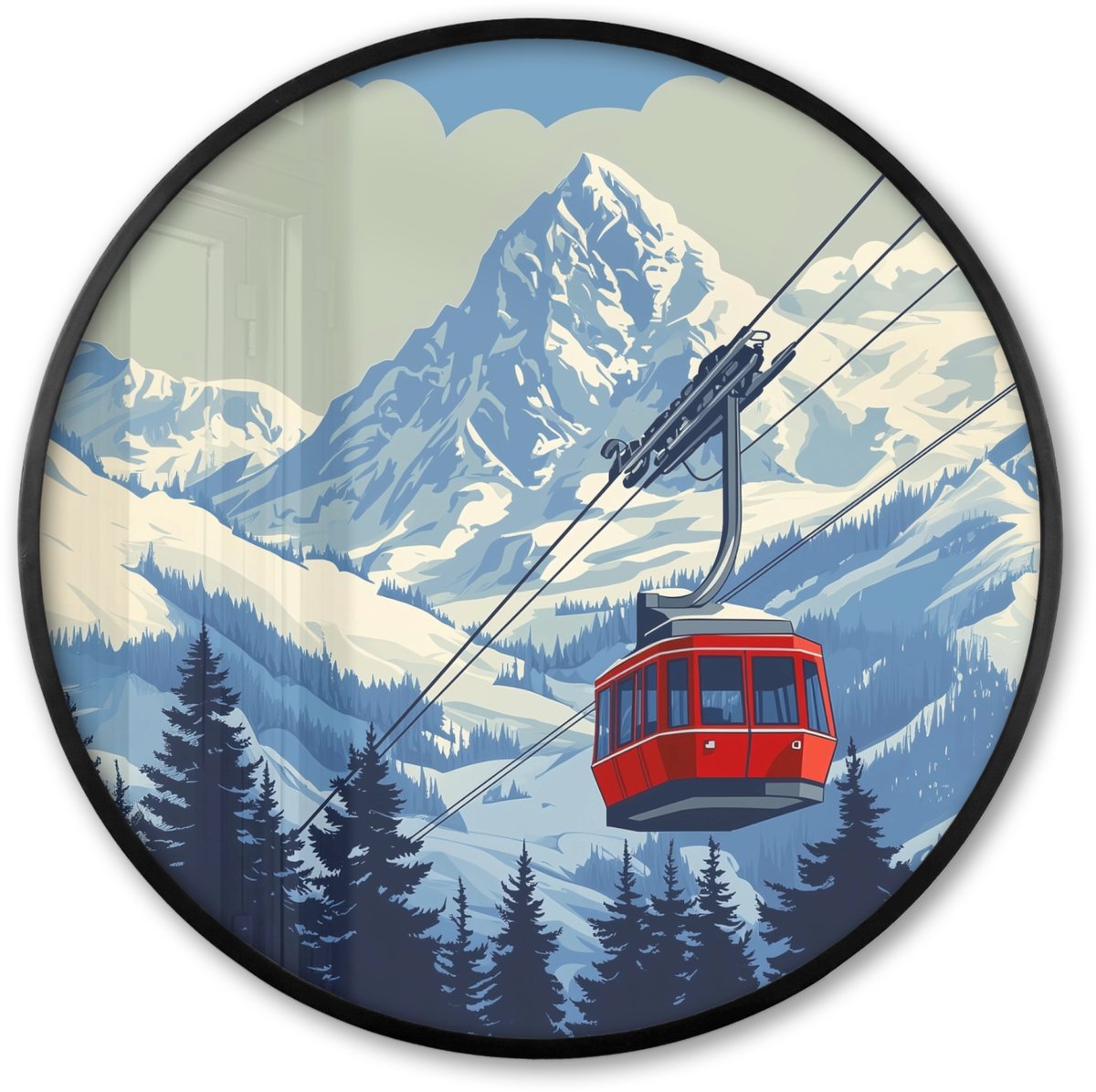 FrameYourWall Poster in lijst Rond - Fotolijst 60x60 cm - Posters - Kabelbaan - Sneeuw - Berglandschap - Ronde posterlijst zwart - Decoratie - Wanddecoratie woonkamer - Muurdecoratie slaapkamer Kabelbaan - Bergen - Sneeuw