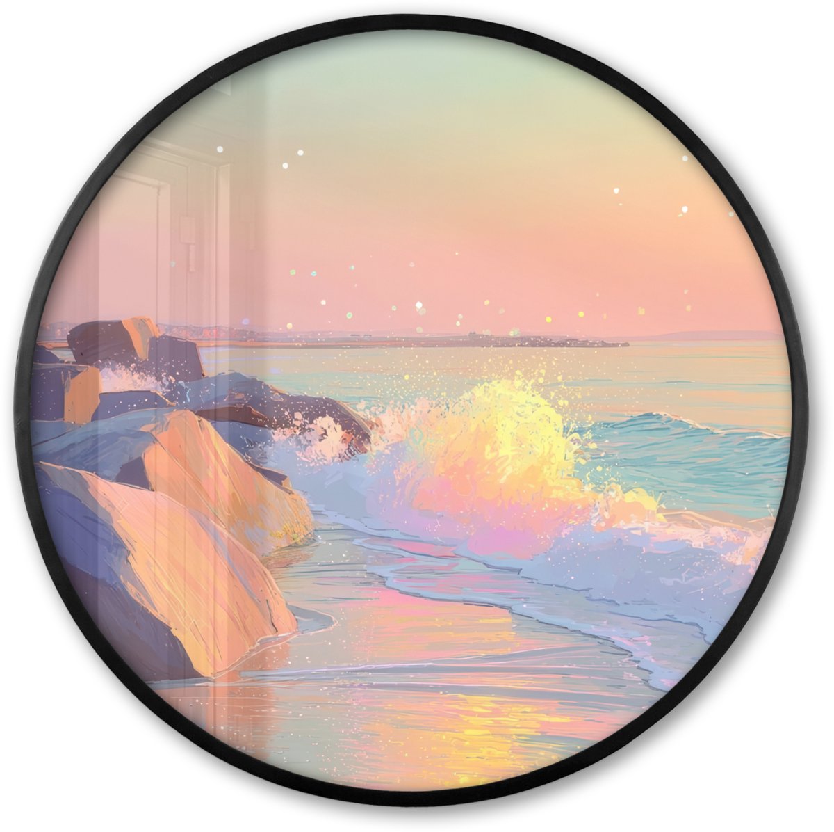 FrameYourWall Poster in lijst Rond - Fotolijst 60x60 cm - Posters - Zomerlicht - Strand - Fonkelende accenten - Ronde posterlijst zwart - Decoratie - Wanddecoratie woonkamer - Muurdecoratie slaapkamer Strand - Zee - Stad