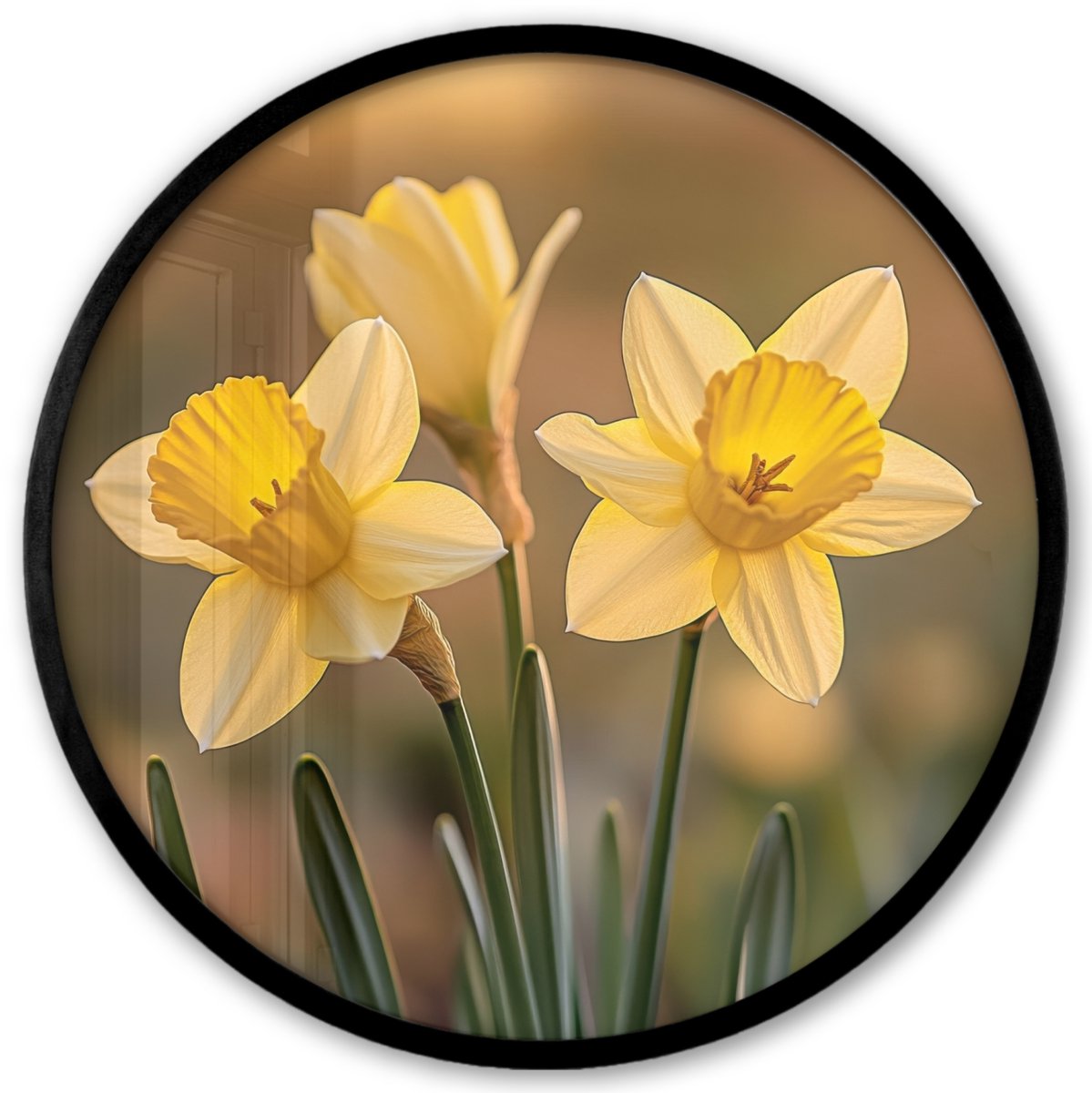 FrameYourWall Poster in lijst Rond - Fotolijst 40x40 cm - Posters - Bloemen - Geel - Wazig - Ronde posterlijst zwart - Decoratie - Wanddecoratie woonkamer - Muurdecoratie slaapkamer Narcissen