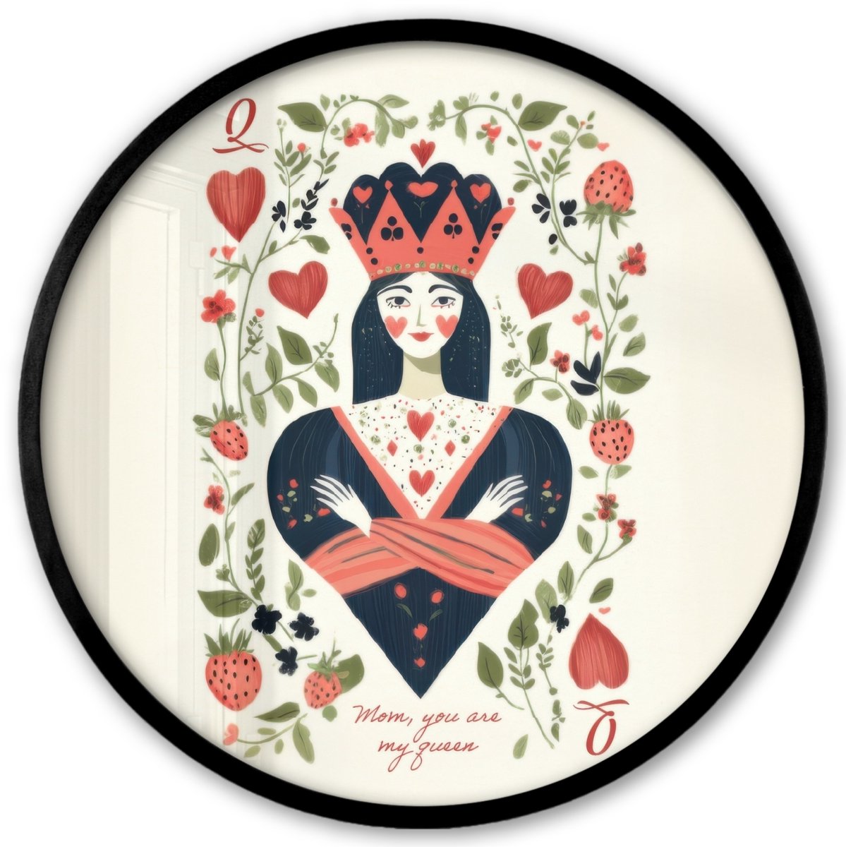 FrameYourWall Poster in lijst Rond - Fotolijst 40x40 cm - Posters - Speelkaart - Hartenkoningin - Bloemen - Hartjes - Ronde posterlijst zwart - Decoratie - Wanddecoratie woonkamer - Muurdecoratie slaapkamer Speelkaart - Hartenkoningin - Tekst