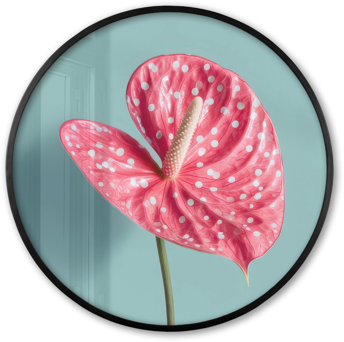 FrameYourWall Poster in lijst Rond - Fotolijst 80x80 cm - Posters - Blad - Anthurium - Stippen - Roze - Ronde posterlijst zwart - Decoratie - Wanddecoratie woonkamer - Muurdecoratie slaapkamer