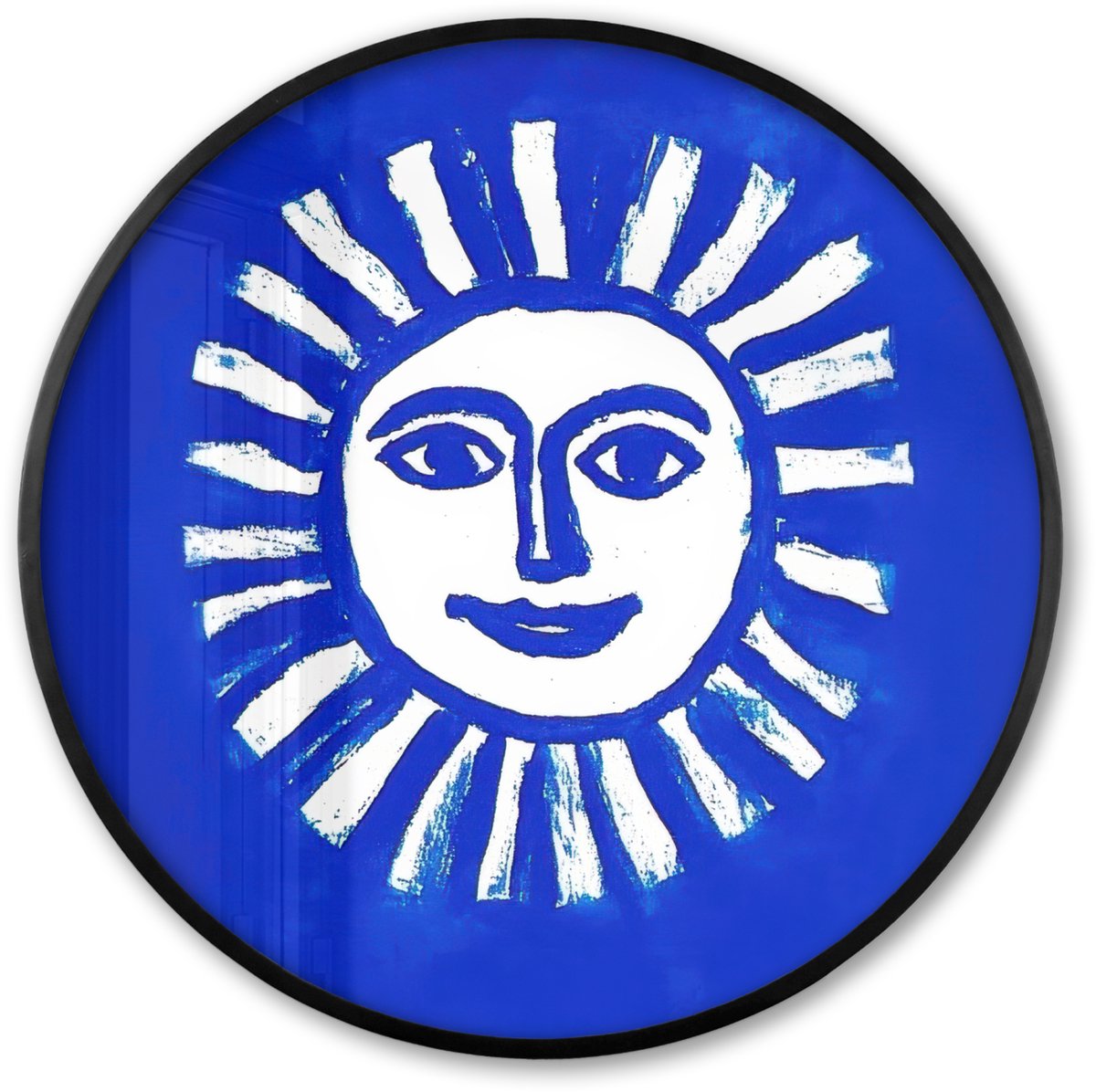 FrameYourWall Poster in lijst Rond - Fotolijst 80x80 cm - Posters - Zon - Gezicht - Penseelstructuur - Blauw - Ronde posterlijst zwart - Decoratie - Wanddecoratie woonkamer - Muurdecoratie slaapkamer