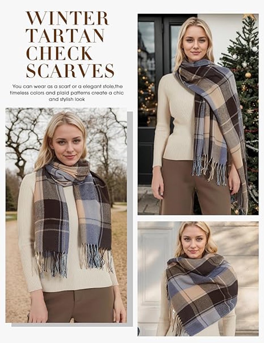 Dames geruit oversized kasjmier sjaal lange zachte wraps dames geruit oversized sjaal lange sjaal voor herfst en winter , Blauw