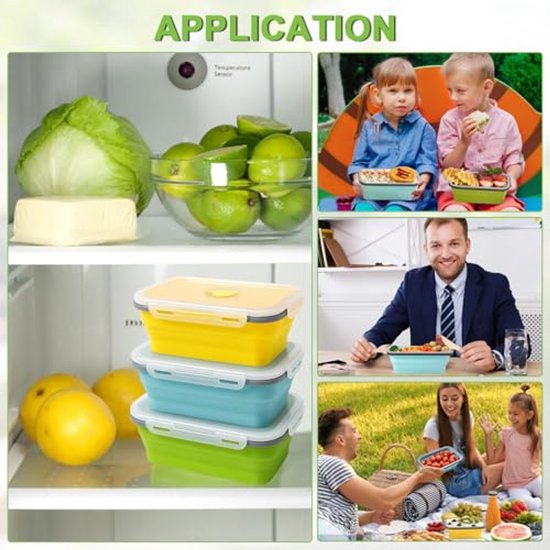 Set van 3 opvouwbare siliconen voedselbewaarcontainers - 1200 ml, vaatwasmachinebestendig voor bento box en meal prep — afbeelding 3