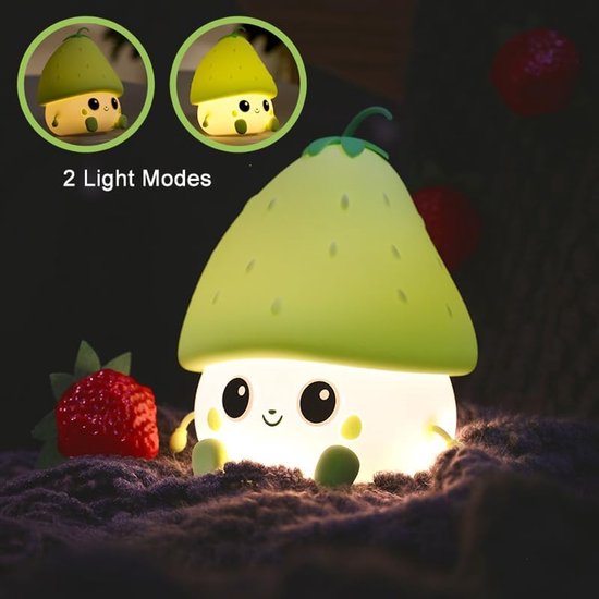 Groen aardbeiennachtlampje, schattig fruitnachtlampje voor de kinderkamer, USB-oplaadbaar lampje, 2 helderheidsniveaus, nachtlampje met vertraagde verlichting voor het nachtkastje van de babykamer, geschikt voor babyjongens en -meisjes, verjaardagen van groen — afbeelding 3