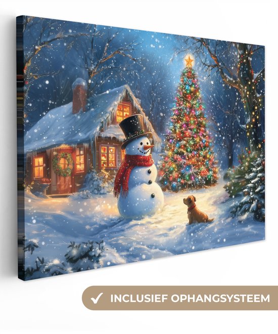 Canvas schilderij 120x90 cm - Exclusieve wanddecoratie Kerstwonder - Winteravond - Kleurrijk - Muurdecoratie woonkamer - Kamer decoratie - Schilderijen op canvas - Kerstdecoratie voor binnen - Kerstversiering - Kerstmis versiering