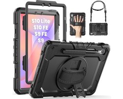 Hoes met ingebouwde Screenprotector Geschikt voor Samsung Galaxy Tab S10 Lite / S10 FE / S9 FE / S9 5G (10.9''/11'') hoes Extreme Armor met screenprotector, Schouderiem, Handriem en Pencilhouder hoes - voor Horeca en Bouw - Zwart