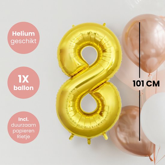 Gouden cijfer 8 ballon, 101 cm, geschikt voor helium