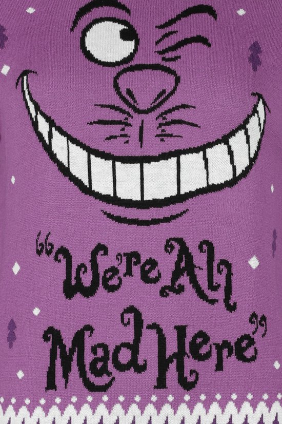 Close-up van paarse trui met Cheshire Cat glimlach en tekst 'We're All Mad Here'.