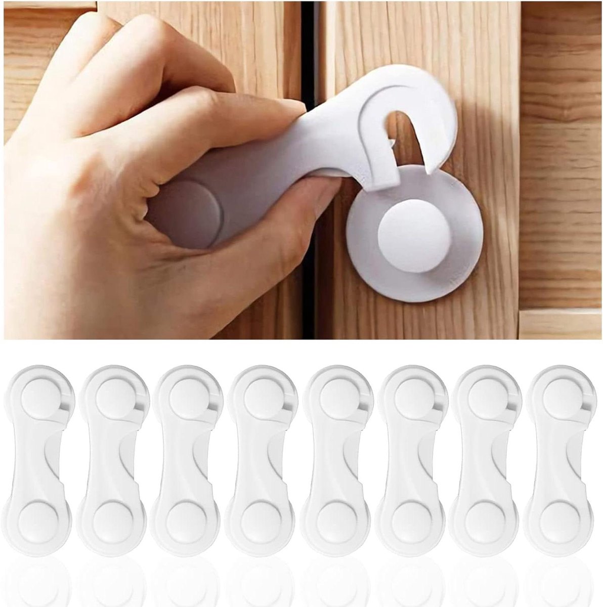 Image of 8-delige Kinderbeveiligingsset voor Kastladen en Lades - Kastslot voor Meubels - Keukenbeveiliging - Sterk Klevend - Geen Boren Nodig - Duurzaam en Wit.