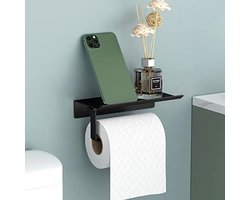 PromoHome Toiletpapierhouder met Plateau - Ruimte-aluminium Wandhouder - Rolhouder zonder Boren - Multifunctioneel Badkamer Accessoire voor Toilet en Keuken (Zwart)