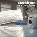 Witte, gewatteerde matrashoes met rits. Afneembare hoes wordt uit de hoes getrokken. Tekst: Extra fris met wasbare hoes. Afneembare hoes. Machinewasbaar.