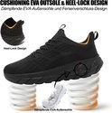 Zwarte sportschoen met close-up van het 'Heel-Lock Design' en de 'Dämpfende EVA-Außensohle' (dempende EVA-buitenzool). Twee veren onder de schoen.