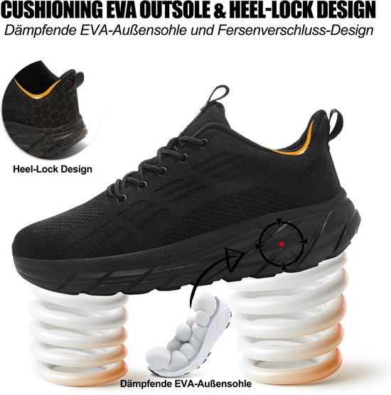 Zwarte sportschoen met close-up van het 'Heel-Lock Design' en de 'Dämpfende EVA-Außensohle' (dempende EVA-buitenzool). Twee veren onder de schoen.