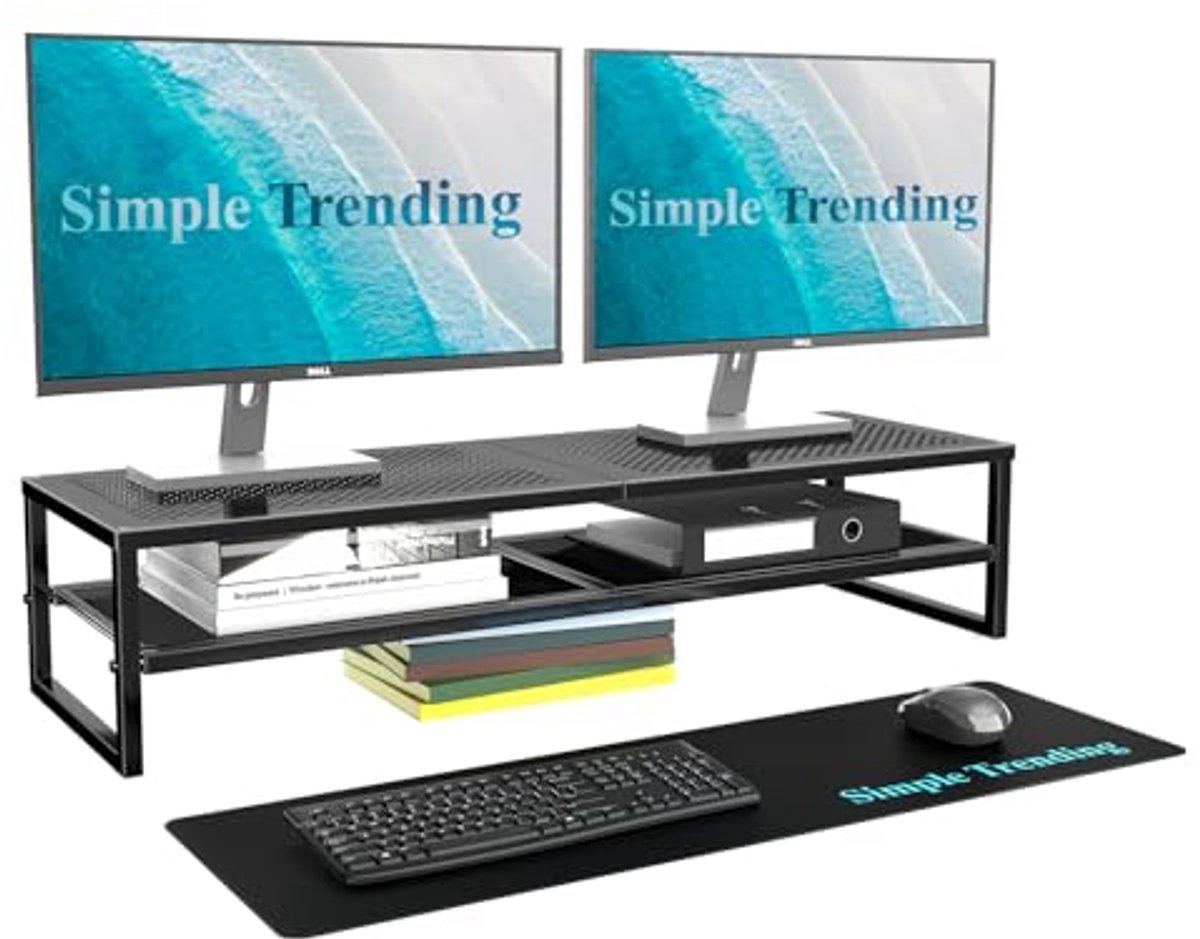 2-Tier Metalen Monitor Stand voor Dubbele Monitoren met Ruimtebesparend Ontwerp en Ergonomische Hoogte