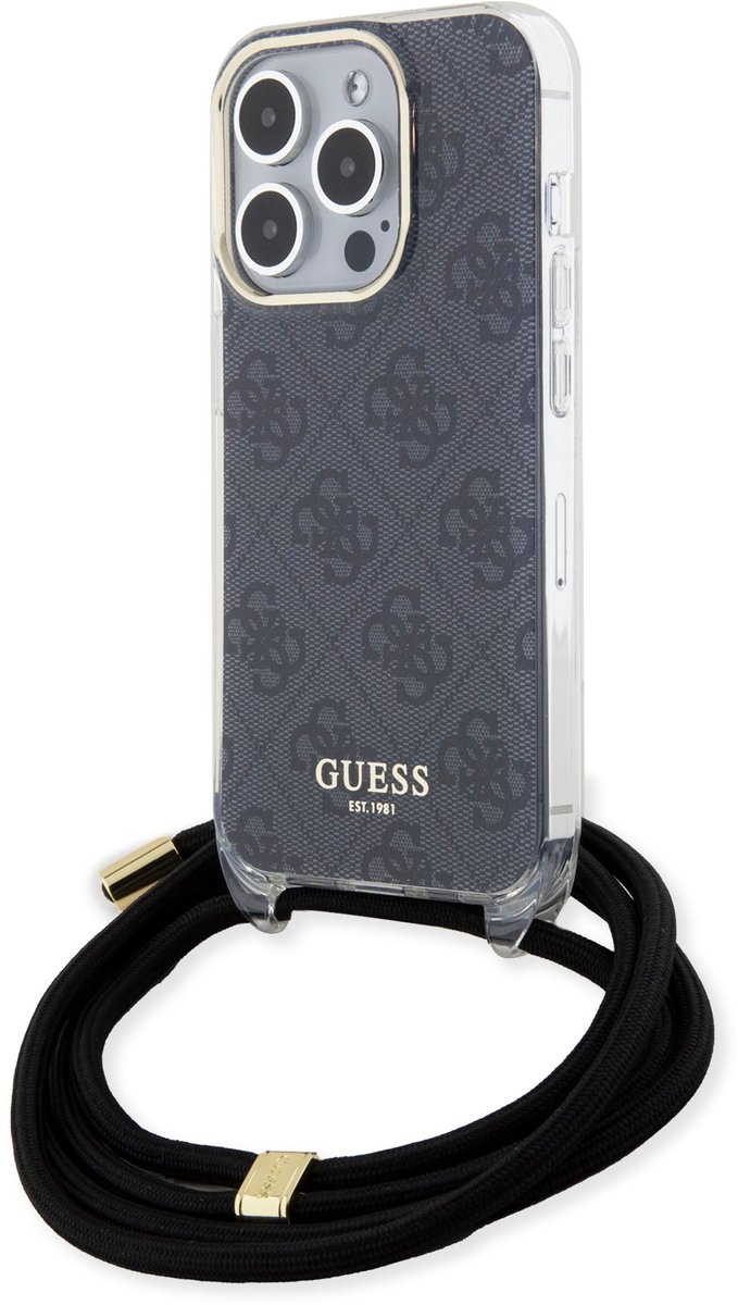 Guess 4G Printed Crossbody Back Case - Geschikt voor Apple iPhone 15 Pro (6.1") - Zwart