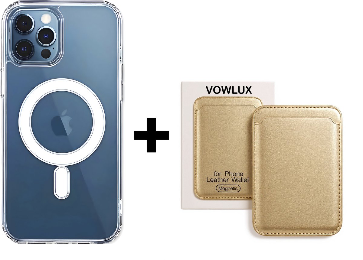 VOWLUX Compatible MagSafe Hoesje voor iPhone 15 Pro Max Transparant – Inclusief Gouden Wallet Pasjeshouder – 24 Magneten – Kunstleer – 3 Kaarten – Shockproof Case