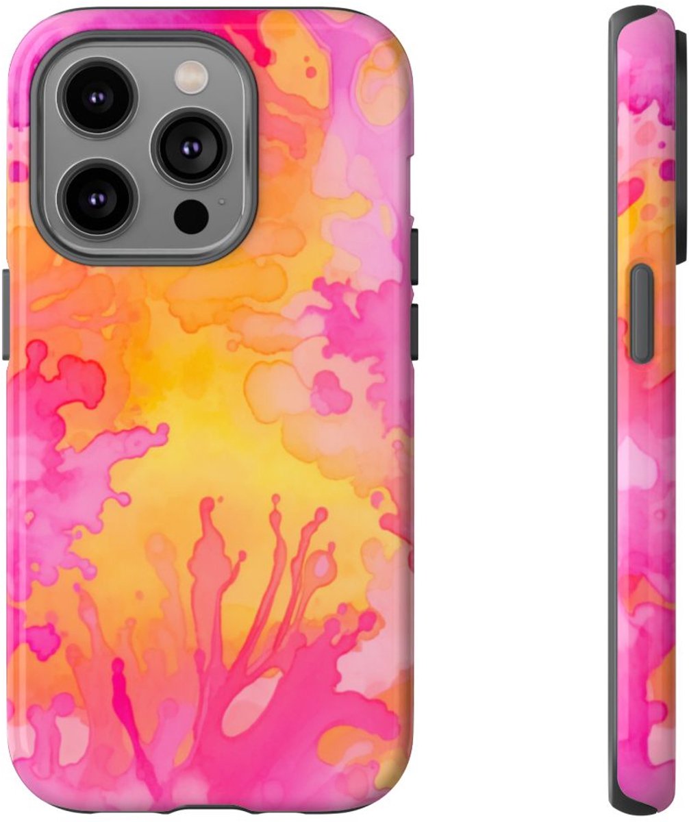 Roze en Oranje Abstracte Inktspatten – Telefoonhoesje Geschikt voor iPhone 14 Pro