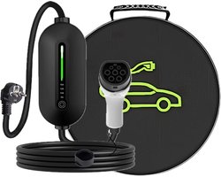 Mobiele thuislader Type 2 vanaf stopcontact – 5 meter – 3,7 kW 16A – IP66 – Instelbare laadstroom (8/10/13/16A) – Schuko – Inclusief tas – Zwart – laadkabel Type 2