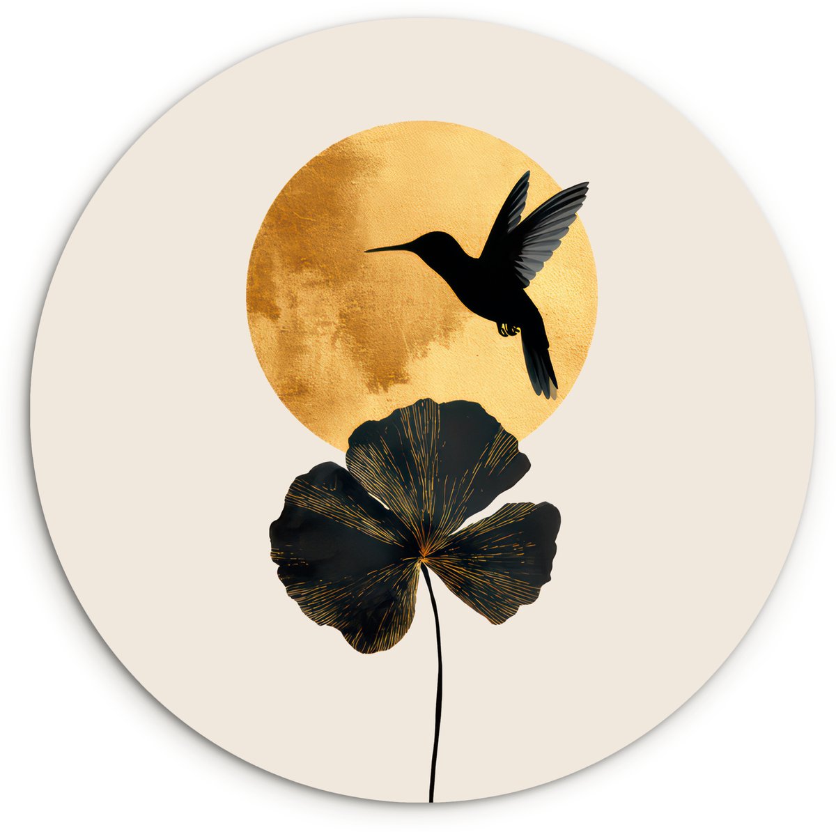 WallCircle Wandcirkel 150x150 cm - Muurcirkel Zwarte kolibrie - Bloem - Gouden cirkel - Muurdecoratie woonkamer - Wanddecoratie slaapkamer - Kamer decoratie accessoires - Ronde schilderijen Kolibrie - Bloem - Cirkel