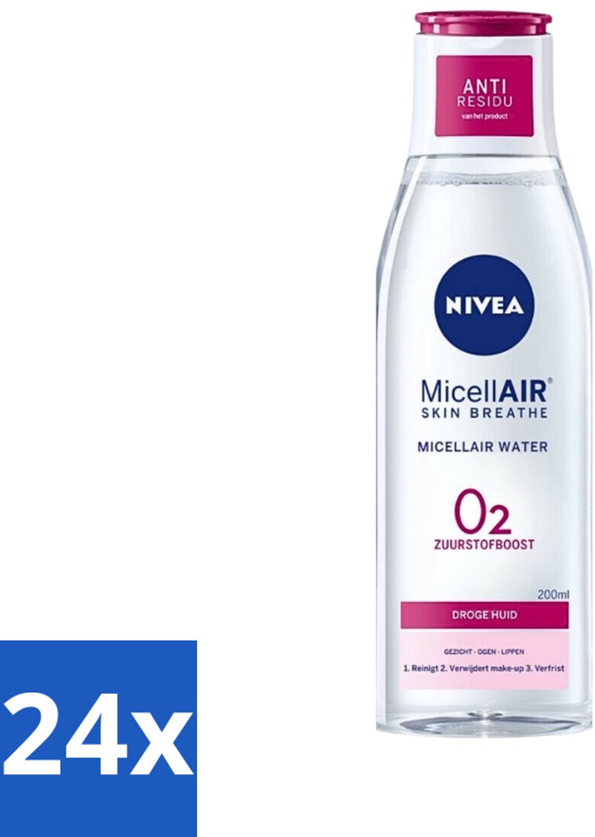24 x Nivea - O2 Zuurstofboost Micellair Water - Droge Huid - 200 ml - Micellair Water - Droge Huid - Zuurstofboost - Reiniging - Hydratatie