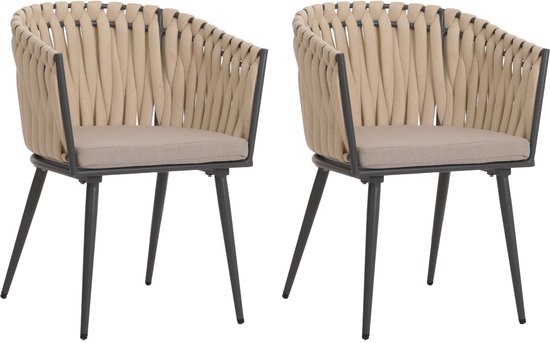 Set de 2 chaises de jardin en aluminium MCW-N38, accoudoir de chaise d'extérieur, tissage en corde oléfine Corde ~ kussen crème marron clair