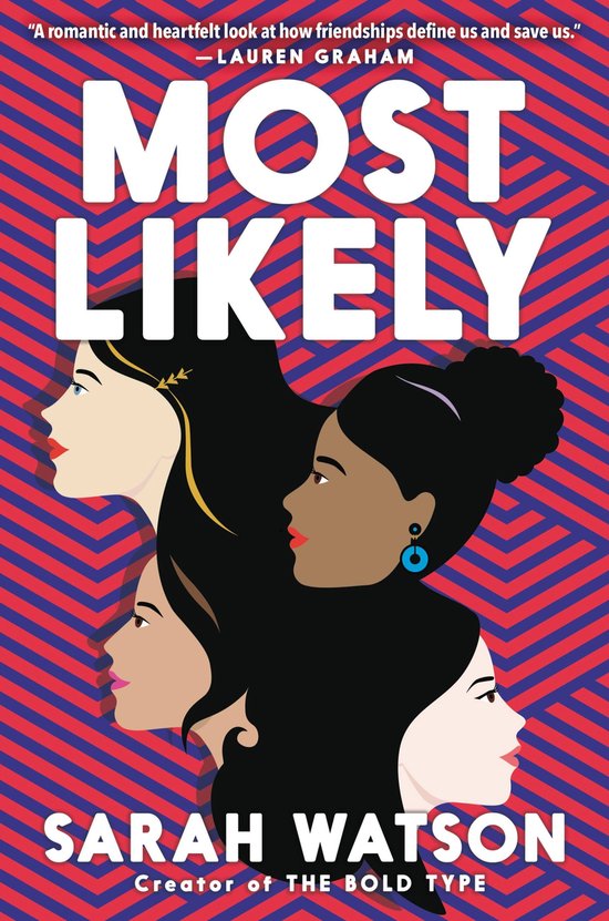 Boekcover met de titel "MOST LIKELY". Vier vrouwenprofielen van links naar rechts op een rood-blauw zigzagpatroon. "A romantic and heartfelt look at how friendships define us and save us." - LAUREN GRAHAM