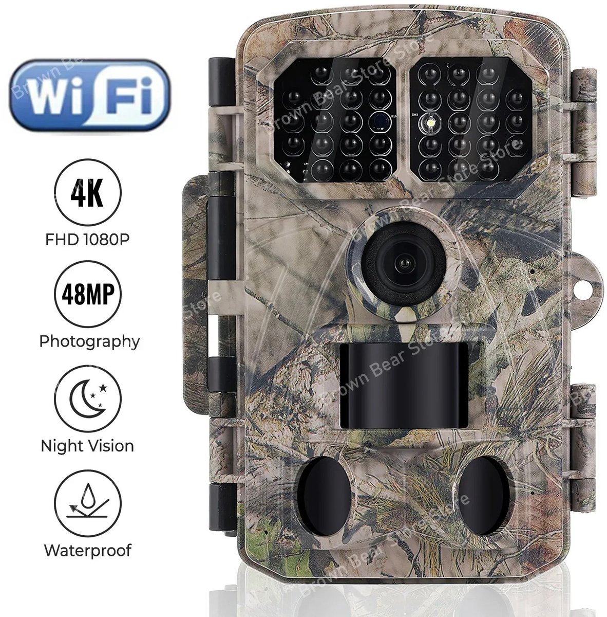 48GB Outdoor WiFi Jacht Trail Camera - 48MP Foto's - 4K Video - Nachtzicht - Bewegingsdetectie - Infrarood Sensor - APP-bediening - Wildlife Camera - IP65 Waterdicht - 128GB Ondersteuning