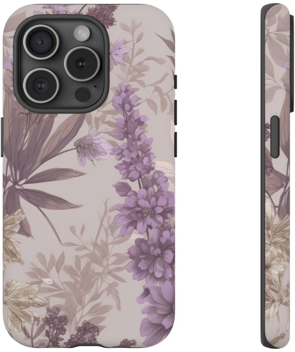 Lila Bloemenpatroon met Matte Afwerking – Telefoonhoesje Geschikt voor iPhone 15 Pro