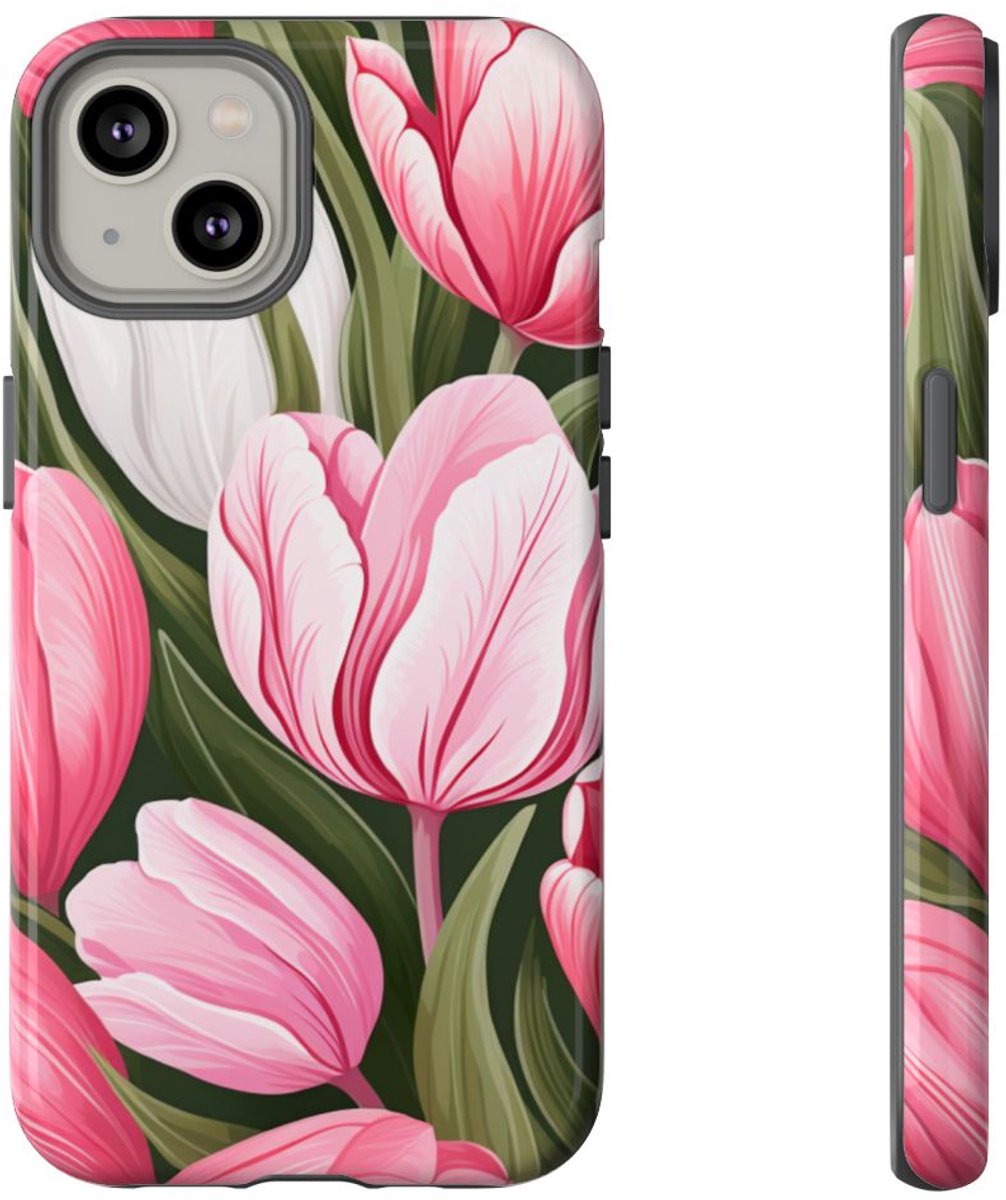 Roze en Witte Tulp Bloemenpatroon – Telefoonhoesje Geschikt voor iPhone 14