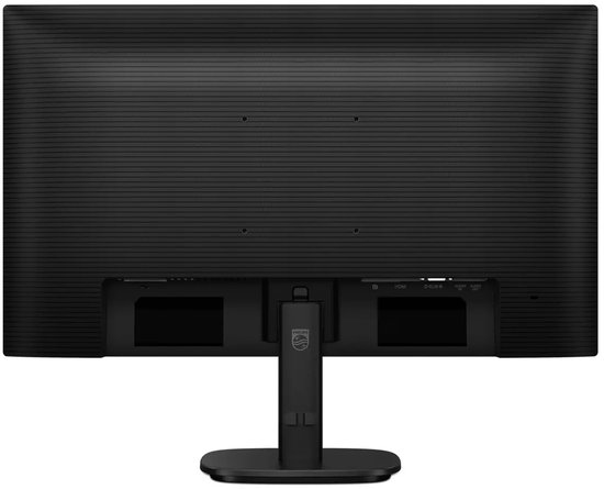 De achterkant van een zwarte Philips monitor met een ribbelpatroon en een stander.