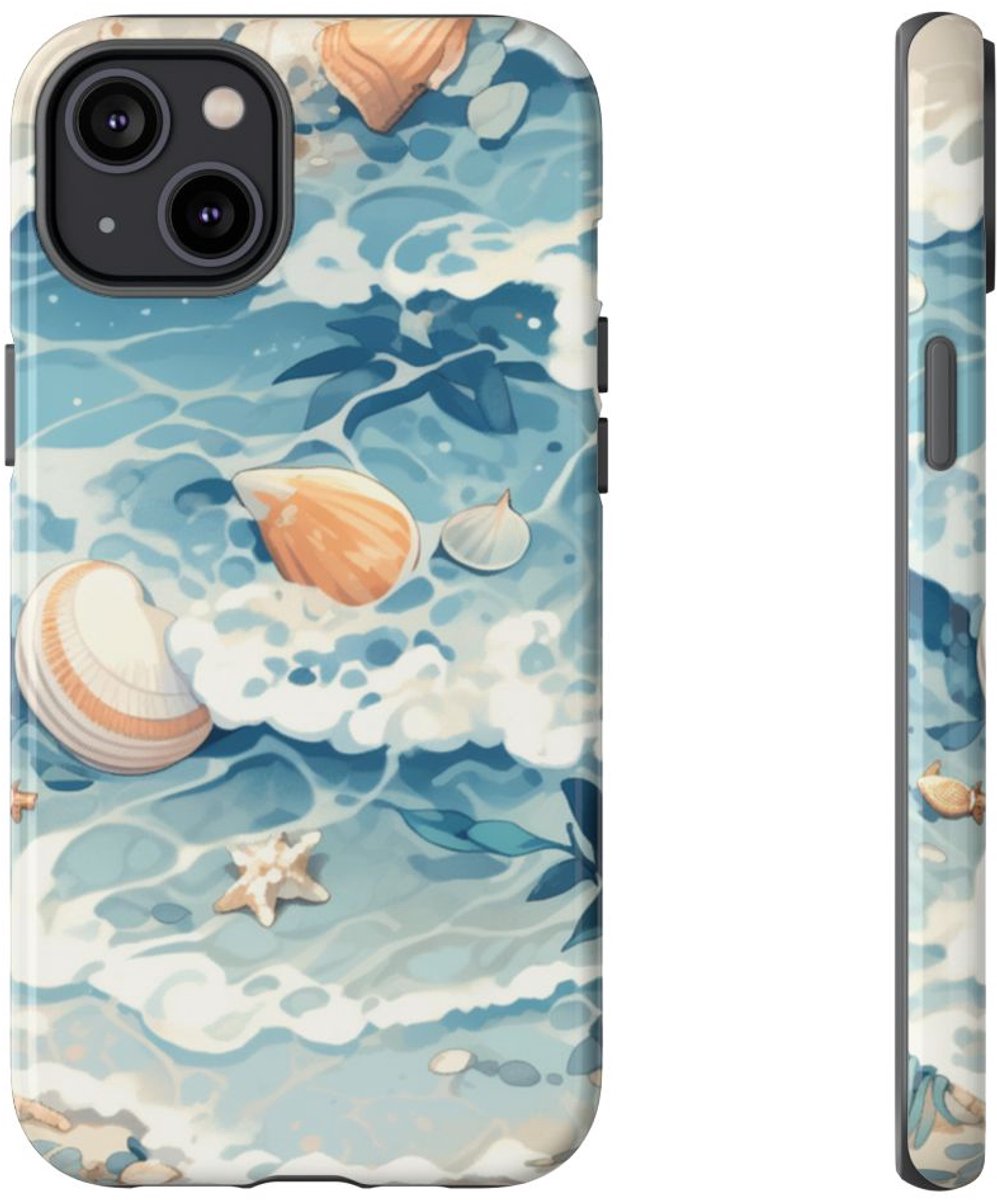 Zeesterren en Schelpen op Oceaangolven – Telefoonhoesje Geschikt voor iPhone 14 Plus