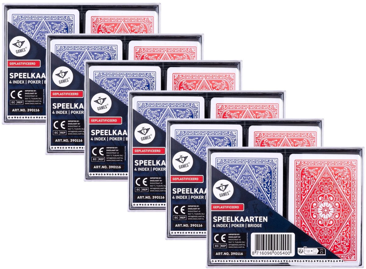 Longfield games 6x sets Speelkaarten - blauw/rood - 6x 54 kaarten - klassiek - kaartspel