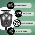Zwarte ultrasone verjager met zonne-energie, 360 graden, diervriendelijk, 20 meter bereik.