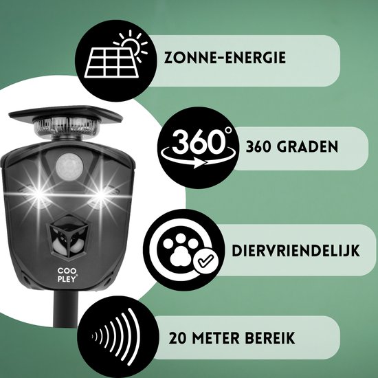 Zwarte ultrasone verjager met zonne-energie, 360 graden, diervriendelijk, 20 meter bereik.