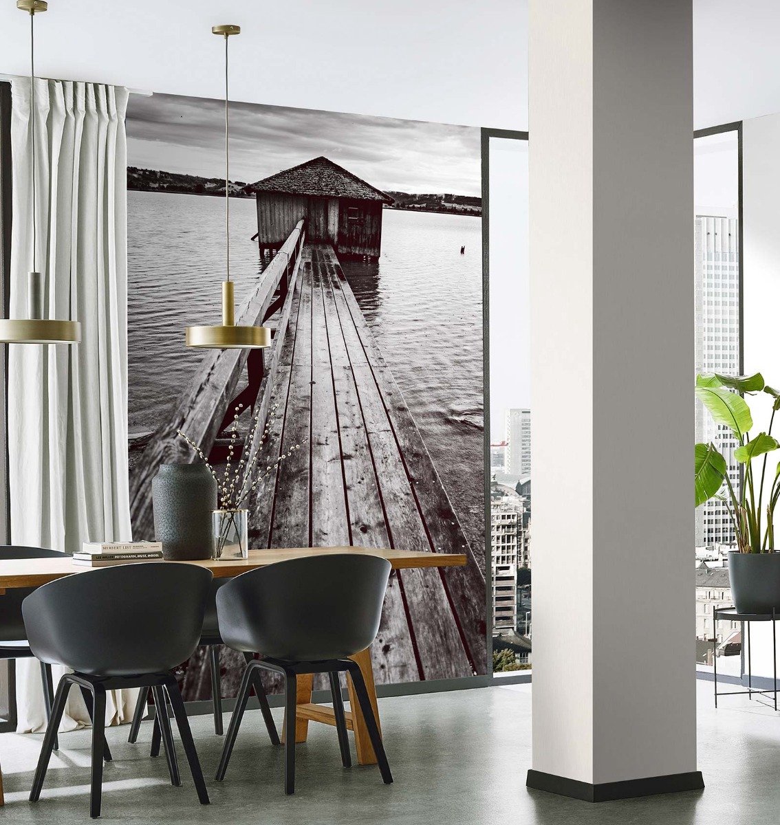 Landschapsmotief vliesbehang in grijs