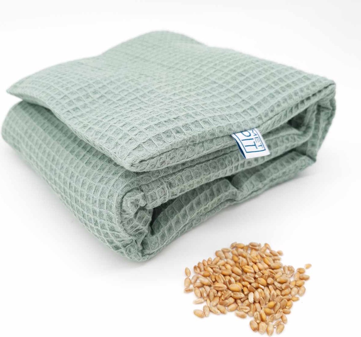 XL Met Pit ✿ Nek en schouders - Wasbare hoes - Warmte pittenkussen / coldpack – Magnetron / Vriezer - Pittenzak Made in NL/BE – Geen kersenpitkussen maar tarwe – Oud groen Wafel — afbeelding 1