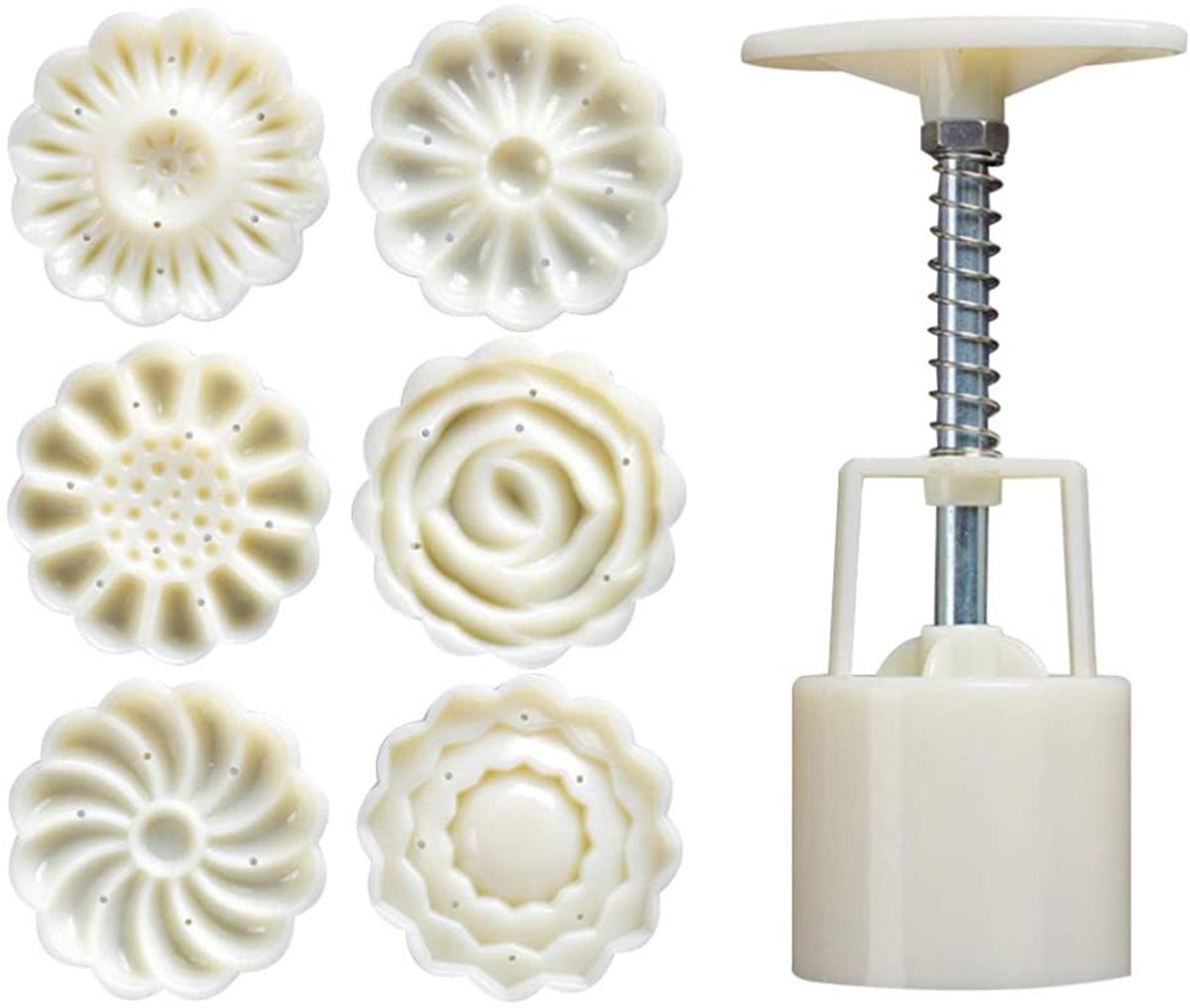 Maan Cake Vorm Set – 50g Handdruk Mal met 6 Verwisselbare Stempels, DIY Bakvorm voor Midherfst Festival en Feestelijke Desserts