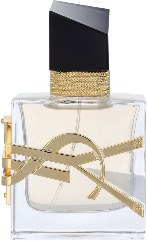 YSL Libre Eau de Parfum damesparfum, gouden YSL logo, gouden kettingdetail, zwarte dop.