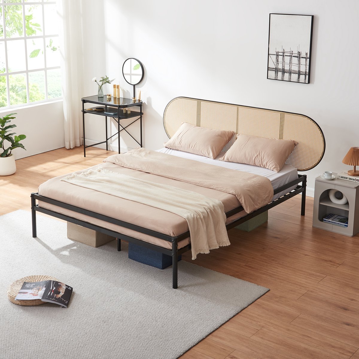 en.casa Metalen bed Linköping met matras 160x200 cm zwart en rotan look [en.casa]