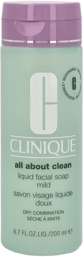 Groene Clinique vloeibare gezichtsreinigerfles van 200 ml met een lichtpaarse fliptop-sluiting.
