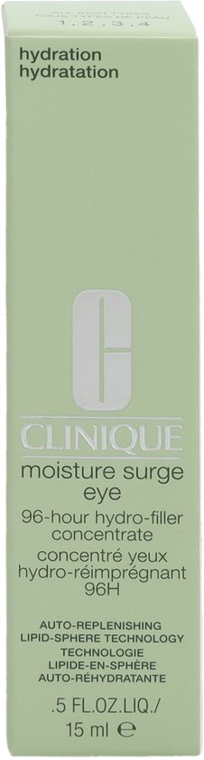 Clinique Moisture Surge oogcrème verpakking, lichtgroen met de tekst 'Clinique moisture surge eye 96-hour hydro-filler concentrate'.