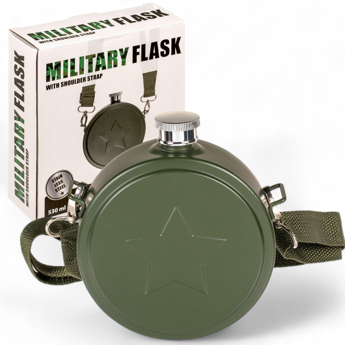 MIJOMA RVS Heupfles - 530 ml - Army Groen - Inclusief Schouderband